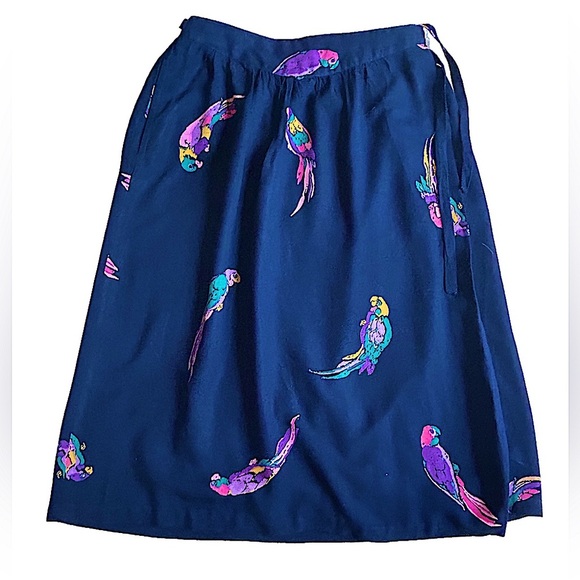 Vintage 70’s Bombacha Esprit artsy navy blue parot print midi wrap skirt size 6 - Picture 1 of 9